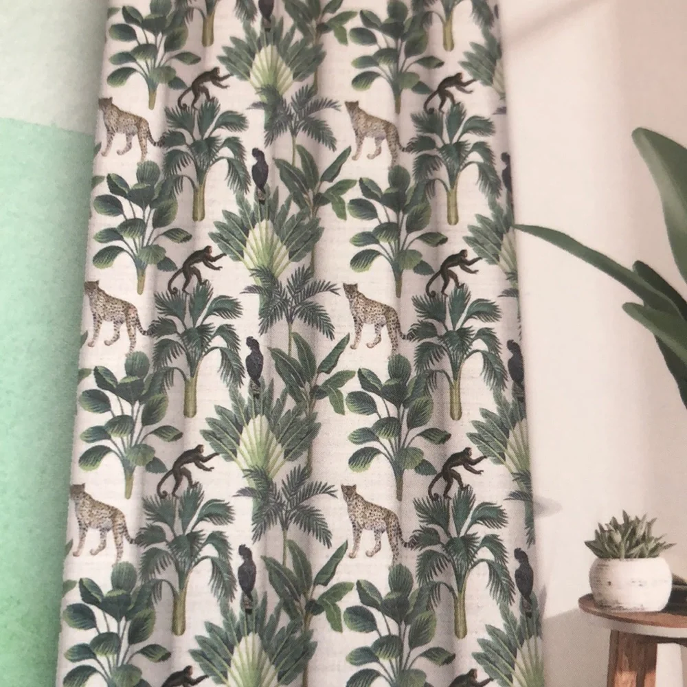 Jungle Creatures Tropical Shower Curtain Set - Monkey Palm Print, Green & White